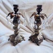 Vintage Hollywood Regency Ornate Brass Colored Candle Holders Crystal Prism Pair picture