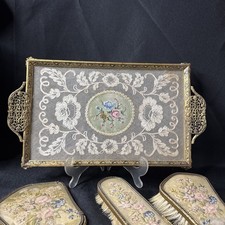 Antique French Gilt Brass Petit Point Tapestry 4 Pc Vanity Set Dresser Set picture