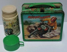 Vintage 1973 Rough Rider Metal Lunch Box w/Thermos Complete Motorcycle Dirt Bike picture