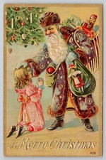 Santa Claus Father Christmas Giving Toys Girl Embossed Antique Postcard picture