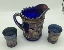 Antique Northwood Blue Carnival Peach Pitcher & 2 Tumblers picture
