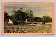 Vintage La Brea Pits Los Angeles CA Linen Postcard Mammoth Statue 1940s picture