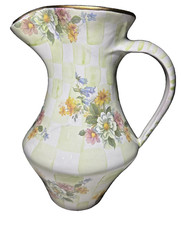 Mackenzie Childs Sweet Pea Pitcher Green Check Plaid Flowers Gold Trim 1996 VTG picture