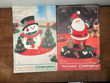 2 Pc Vtg 80s Christmas Santa And Snow Man Centerpiece Paper Pop up Craft Decor picture