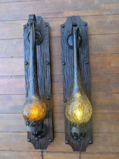 MCM Vintage Pair of Wrought Iron Amber Slag Glass Spanish Revival Sconce Lamps picture