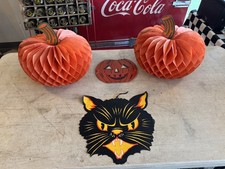 Vintage Halloween 2 Paper pumpkins, 1 scary cat, 1 cardboard pumpkin flat. picture
