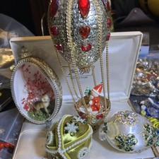 4 Vintage Handmade Eggshell Diorama & Beaded Sequined Ornaments picture