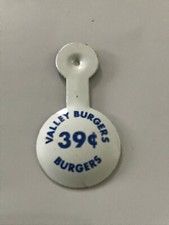 Vintage Valley Burgers 39 cents Burger Restaurant Pinback Button Metal Tab Pin picture