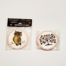Vintage Contempo Coasters Mid Century MCM Decorative 12ct Owl & 8ct Orange Tree picture