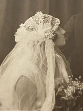 1920’s Wedding Photo Juliet Cap Veil Cloche Veil Tuxedo Roses Antique picture