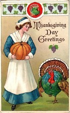 1910 Thanksgiving Pilgrim Girl Pumpkin Turkey Greene ME Postcard picture