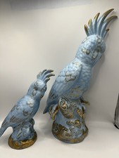 Pair Large Vtg Blue Gold Porcelain Cockatoo Parrots 20” & 11” Hollywood Regency picture
