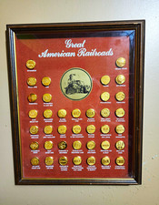 Framed Great American Railroads Button Pin Display 24k Gold Plated picture
