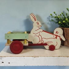 VTG Bunny & Duck Chick & Wagon Primitive Folk Art Toy Easter Candy Container 12