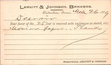 1889 Recept Postcard Leavitt & Johnson Bankers in Waterloo, Iowa picture