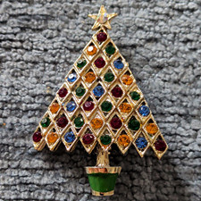 Gold Tone Multicolor Rhinestone Christmas Tree Pin Brooch Ornament Geometric picture