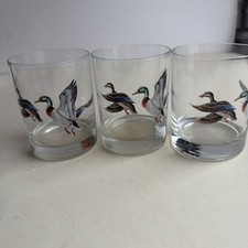 Set Of 3 Vintage Norman R Wamer Mallard Duck Whiskey Lowball Glasses Bar Cabin picture