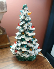 Vintage Lighted Ceramic Christmas Tree Holiday Frosted Snow Electric 9 x 4 Inch picture