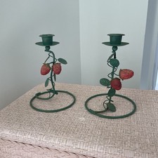 Italian Hand Crafted Strawberry Tolewear Vintage Candlestick Holders Pair MCM picture