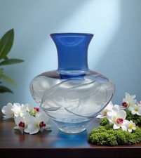 Vtg. Large Hand-Blown Cameo Etched Art Glass Vase. Blue/Floral Etchings. Signed. picture