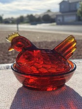 VINTAGE L.E Smith Amberina Glass Mini Hen On Nest UV Glowing Cadmium Salt Cellar picture