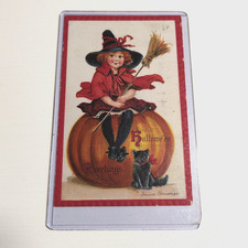 Antique 1911 Halloween Series No. 120 Girl Witch Black Cat Postcard Brundage picture