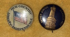 Rare Antique 1917 Luther Statue Denver & US Flag Pinback Button Pair W&H Paper picture
