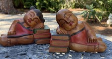 Vtg Good Luck Asian Hand Carved Solid Wood Large Boy & Girl Sleeping Books picture