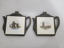 Vintage 2 Cast Iron Tile Trivets Made in England Footed Tower Bridge Parliament picture