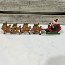 Vintage Wooden Santa Sleigh Reindeer Taking Off Ornament 7” Shelf Decoration picture