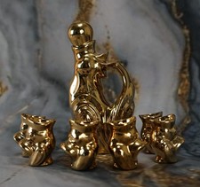 Vintage Gold Color Earthenware Rooster Shape Decanter with 6 Chicks Cups picture