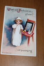 Antique Clapsaddle Halloween Postcard with girl, mirror, candle clock  picture