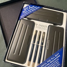 Vintage Parker Insignia 3-Pen Promo Gift Set Black Lacquer Gold Trim NIB Cases picture
