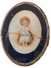 vintage Christian Catholic Infant Christ Portrait Baby Jesus Oval Brass Frame picture