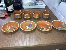 RARE Antique 1920s-30s Mexican Tlaquepaque Pottery Cups & Saucers Folk Art. picture