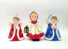 CHRISTMAS NOVELTY 2 VINTAGE ANGELS & 1 CAROLLER CHALK/CERAMIC FIGURINES JAPAN picture
