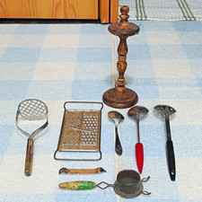 Vintage Kitchen Tools Lot 7pc Metal & Wood Masher Grater Spoons Strainer picture