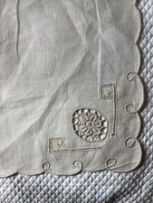 12 Vintage Linen Dinner Napkins LT. Beige Scalloped Edge Embroidered Cut Work picture
