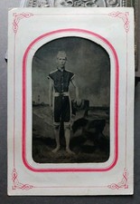 BARE FOOT SKINNY MAN IN UNUSUAL BATHING SWIM SUIT PAINTED BACKDROP TINTYPE PHOTO picture