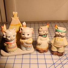Vtg Anthropomorphic Cat Native American Kitchen Set Napkin Holder with 4 Shakers picture
