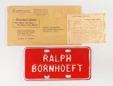 Cracker Jack Custom Name Bicycle License Plate with Envelope – Vintage 1940s picture