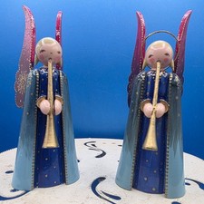 Vtg Erzgebirge Wooden Angel Musician Figurines Blue Robe Trumpet Horn  Pair Read picture
