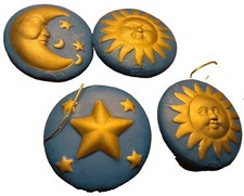 VTG 90s Celestial Ceramic Ornament Set of 4 Blue & Gold Whimsical Sun Moon Stars picture