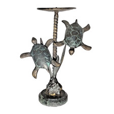 Vtg SPI Brass Sea Turtle Duet Candle Holder Genuine Green Marble Base Coastal 9