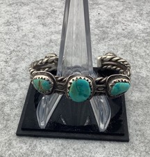 Vintage Navajo Native Turquoise Twist Silver Cuff Bracelet 7”/13” 49.04g✨ picture