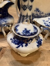 Antique Thomas Till & Sons Flow Blue Covered Sugar Bowl Victorian Cobalt Floral picture