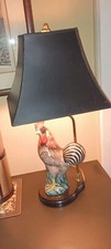 Vintage Hand Painted Porcelain Rooster On Wooden Lacquered Base With Shade picture