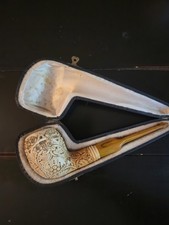 Antique Hand-Carved Meerschaum Estate Pipe Floral Motif Amber Stem Fitted Case picture