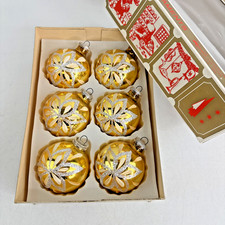 Box of 6 Vintage W Germany Bavaria Gold Glass Hand Painted Christmas Ornaments picture