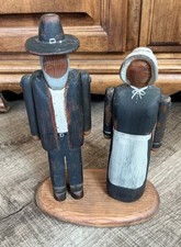 Vtg Beaver Creek Folk Art Wood Carved Amish Pilgrim Couple Mounted Base 10